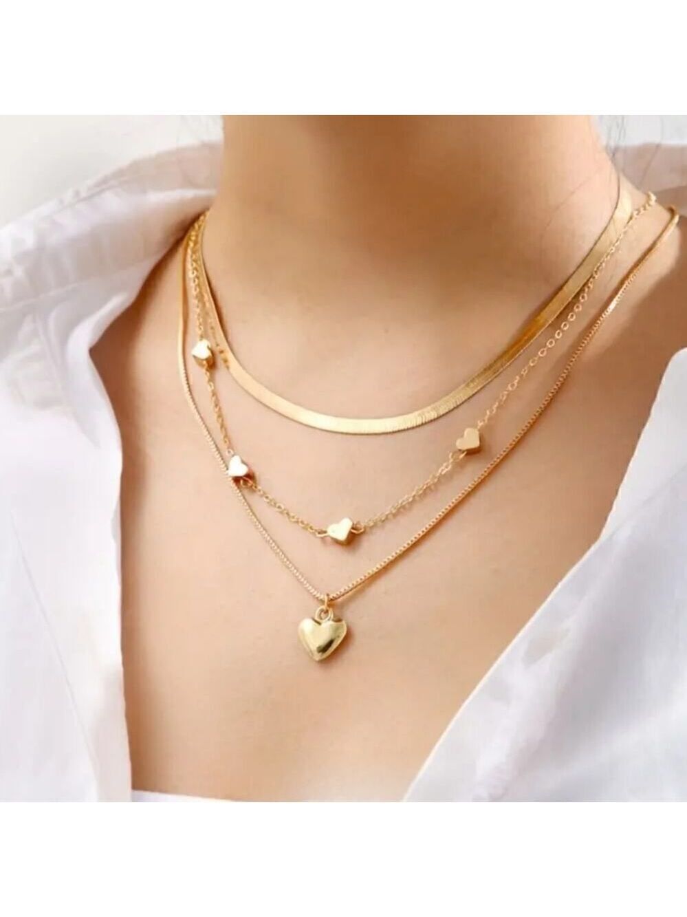 3 Pack Stainless Steel Chain Necklaces with Heart Shaped Charms Gold Plated